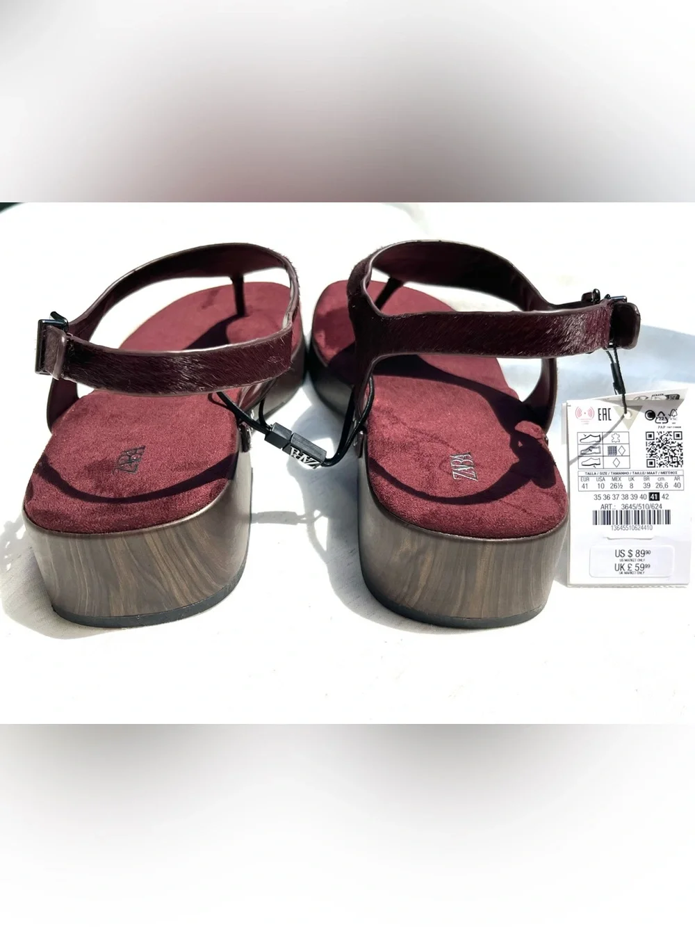 Zara Leather Strap Sandals With Rivets Burgundy Red Platform Sheep Skin Size 10 - Picture 12 of 15